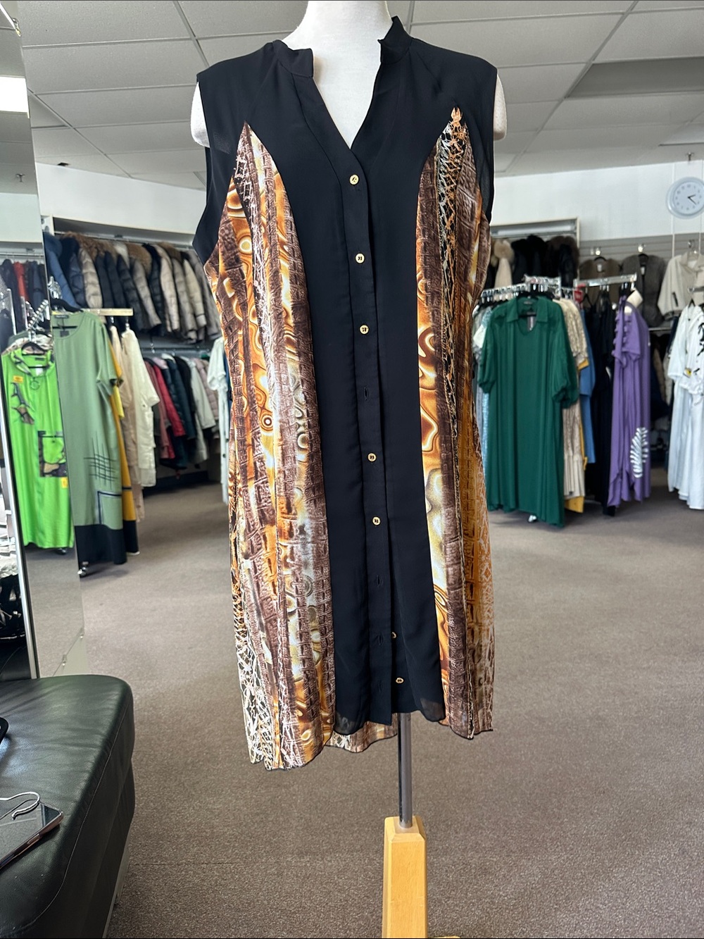 Sleeveless Black Midi Dress with Brown & Gold Print Panel